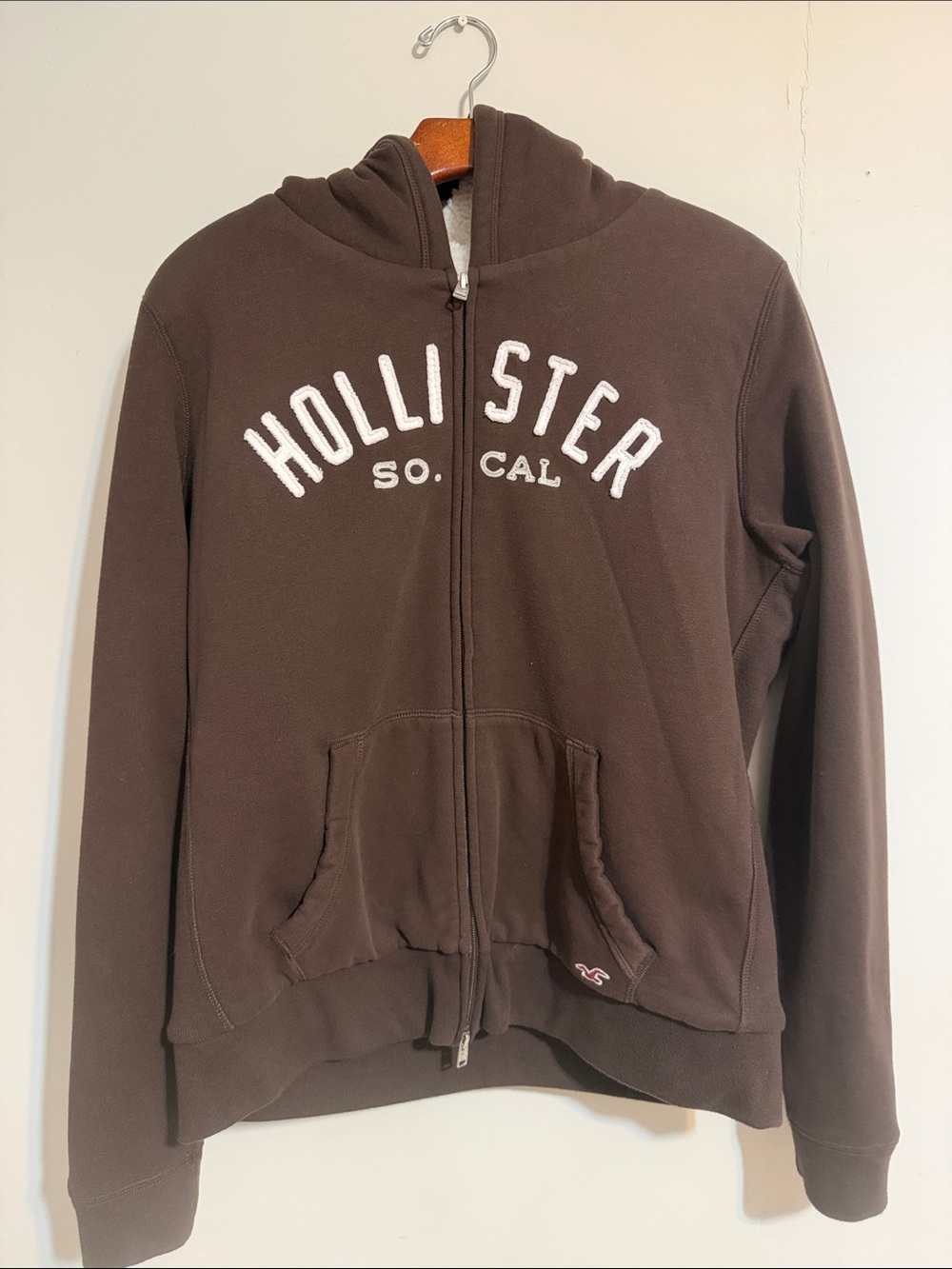 Hollister Brown Full-Zip Hoodie with White Lettering